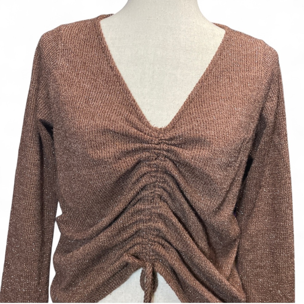 Daytrip Metallic Rust V-Neck Ruched Front Sweater - Picture 2 of 8